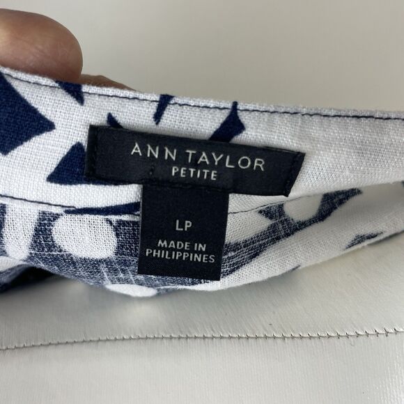 Ann Taylor Womens Petite L Blue White Pineapple Polka Dot Linen Blend Blouse - Picture 6 of 9